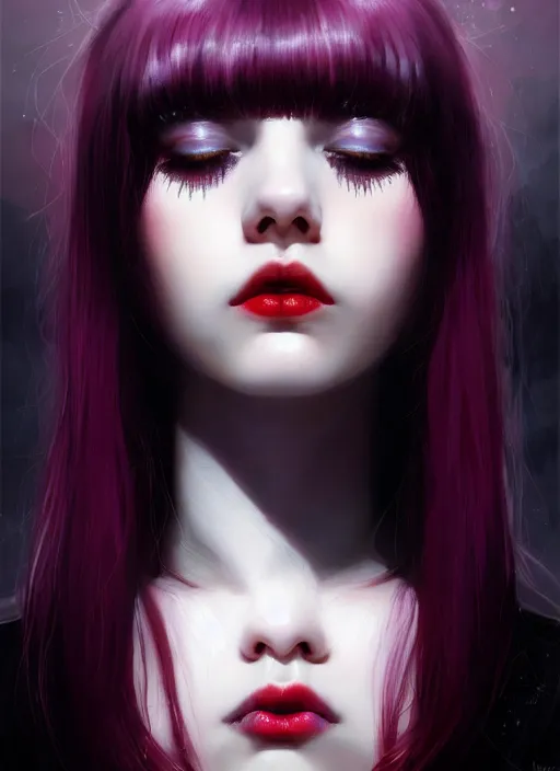 Image similar to portrait of teenage girl, red irises, red eyes, black hair, white bangs, purple lipstick, white bangs, bangs, black hair and white bangs, intricate, elegant, glowing lights, highly detailed, digital painting, artstation, concept art, smooth, sharp focus, illustration, art by wlop, mars ravelo and greg rutkowski