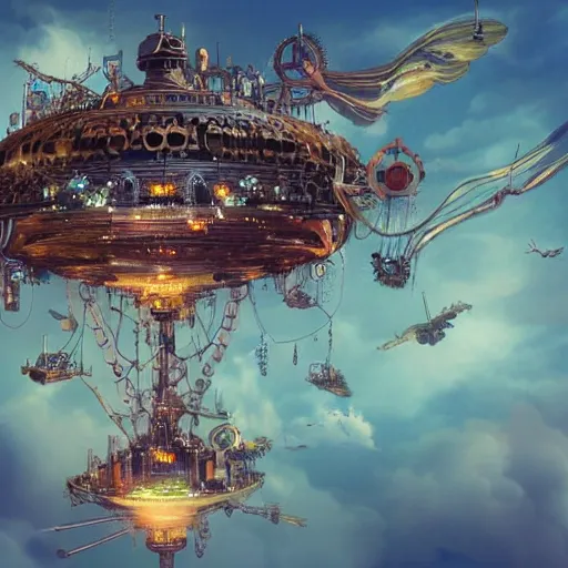 Image similar to flying city in a mechanical flower, sky, fantasy art, steampunk, masterpiece