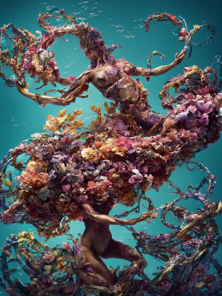 Prompt: a sculpture of fish ocean intertwined, led lighting, a lovely cornucopia of flowers and human body parts, body parts, highly detailed, octane render, cinematic, shock, sharp focus, ball, an independent psycho, clean, studio lighting