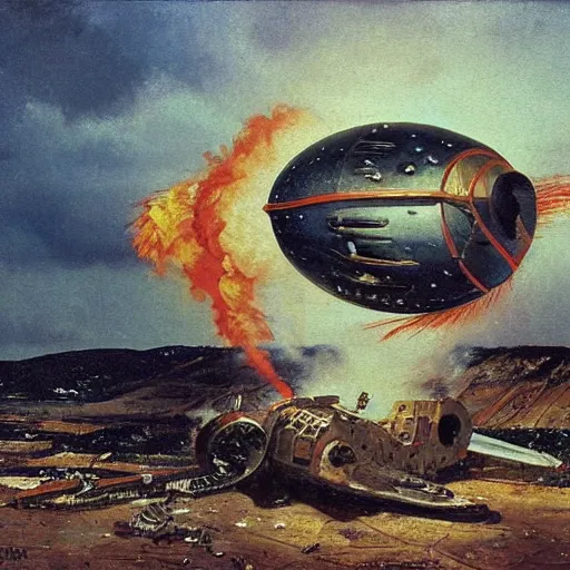 Image similar to a greek spaceship, stuck in the ground, the spaceship is on fire, smoke, rainstorm, lightning, angry, kinetic, adolphe bouguereaum, norman rockwell, highly detailed oil painting,