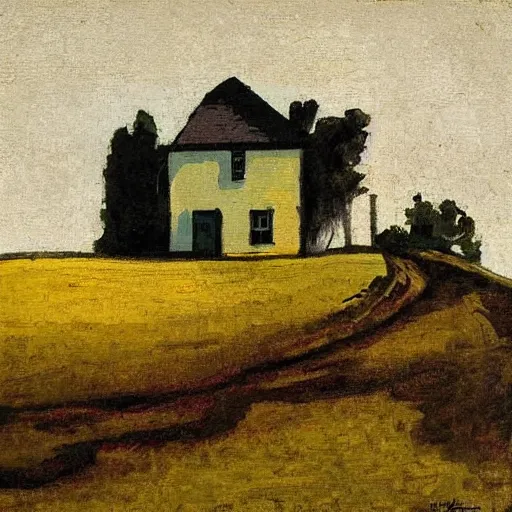 Prompt: painting of a house on a hill, painting by william nicholson