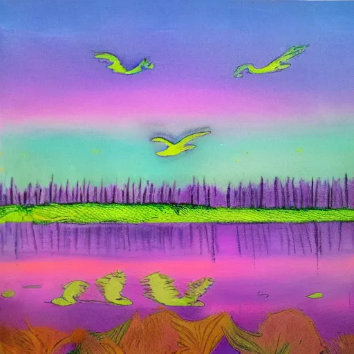 Image similar to a landscape with a purple sun with cotton candy trees flying ducks