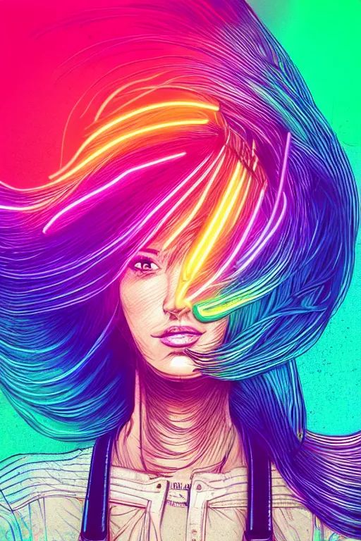 Image similar to a award winning half body portrait of a beautiful woman with stunning eyes in a croptop and cargo pants with rainbow colored ombre hairstyle head in motion and hair flying by thomas danthony, outlined by whirling illuminated neon lines, outrun, vaporware, shaded flat illustration, digital art, trending on artstation, highly detailed, fine detail, intricate