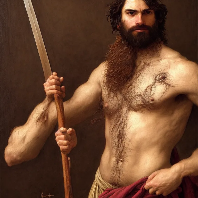 Image similar to renaissance painting full body portrait of a gruff ranger with a spear, lean and toned, handsome face, hairy chest and hairy body, D&D, intricate, elegant, highly detailed, digital painting, artstation, concept art, matte, sharp focus, chiaroscuro, well list, illustration, art by Artgerm and Greg Rutkowski and Alphonse Mucha