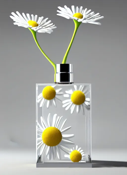 Prompt: perfume bottle standing in the center of a biomechanical white enchanted coral flat plate made of daisies in an ivory room well contoured smooth fair walls, up close shot, sharp focus, global illumination, radiant light, alexandre ferra white mecha, irakli nadar, octane highly render, 4 k, ultra hd,