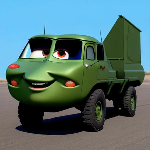 Image similar to HIMARS, Cars Pixar movie style, detailed, green