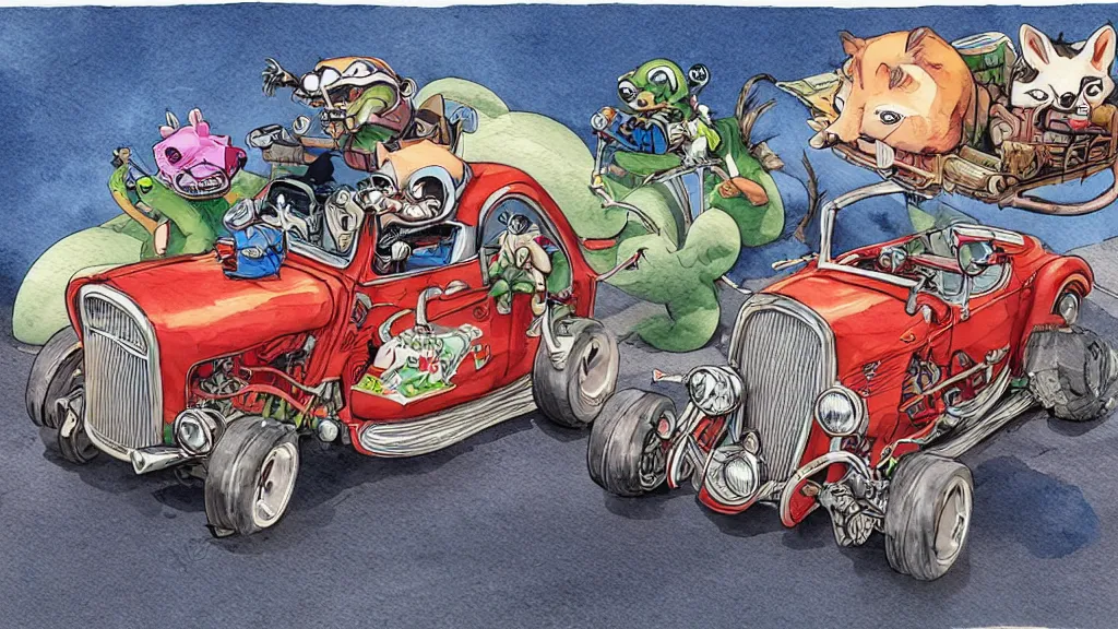 Prompt: cute and funny, racoon riding in a tiny hot rod coupe with oversized engine, ratfink style by ed roth, centered award winning watercolor pen illustration, third person isometric illustration by chihiro iwasaki, edited by range murata