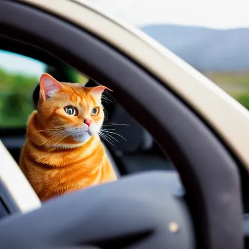 Image similar to an orange tabby cat driving a car, his paws are on the steering wheel