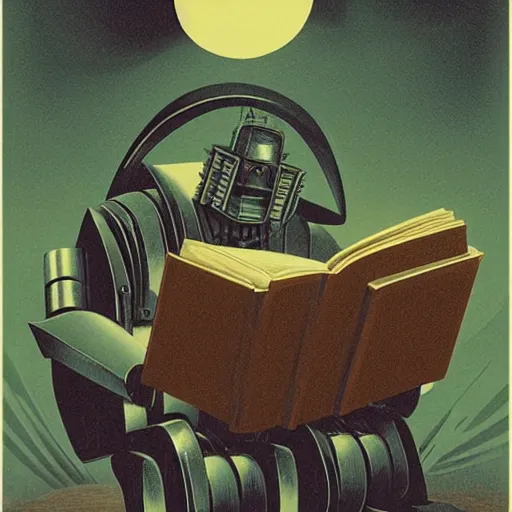 Image similar to retro dark vintage sci-fi, 2D matte illustration, robot reading a book in a park, art by Szukalski, Beksinski