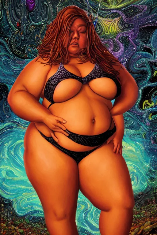 Prompt: a detailed upper body portrait of jessica jones as a fat obese bikini model. psychedelic lovecraftian surrealism. oil on canvas, black oil bath. in the style of thomas kincade, ross tran, and dan mumford.