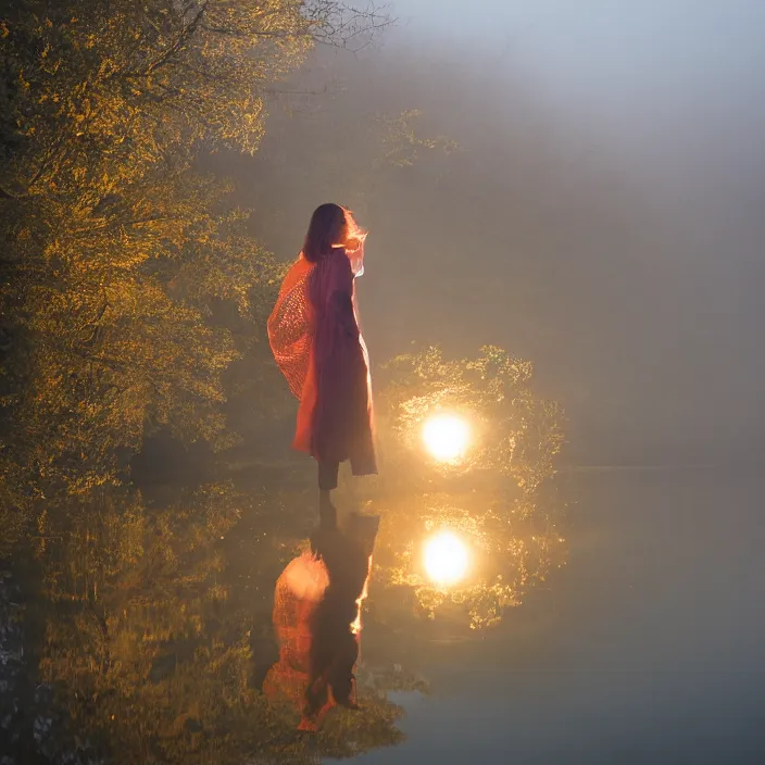 Prompt: a closeup portrait of a woman wrapped in plastic, standing next to a giant levitating orb, in a foggy pond, golden hour, color photograph, by vincent desiderio, canon eos c 3 0 0, ƒ 1. 8, 3 5 mm, 8 k, medium - format print