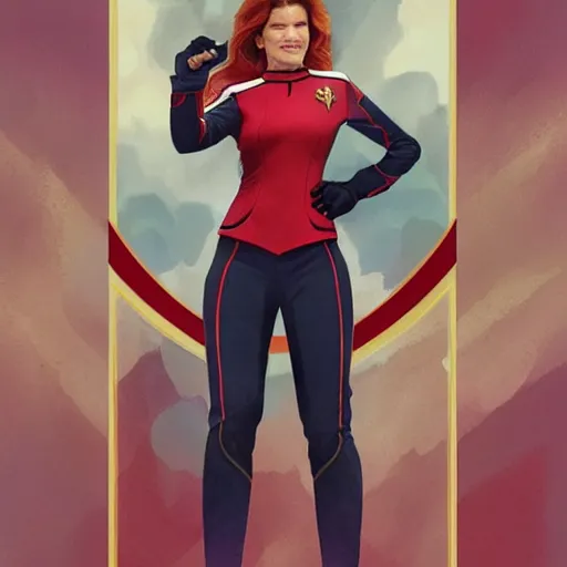 Image similar to ultra realistic illustration, bella thorne as captain janeway wearing star trek red uniform, intricate, elegant, highly detailed, digital painting, artstation, concept art, smooth, sharp focus, illustration, art by artgerm and greg rutkowski and alphonse mucha