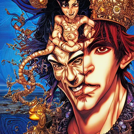 Image similar to portrait of crazy aladdin, symmetrical, by yoichi hatakenaka, masamune shirow, josan gonzales and dan mumford, ayami kojima, takato yamamoto, barclay shaw, karol bak, yukito kishiro