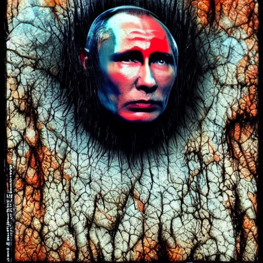 Image similar to stupid idiot degraded retard vlad putin photo - realistic, color image, hyper realistic, 2 k, highly detailed, occult art, by giger, fractal structure