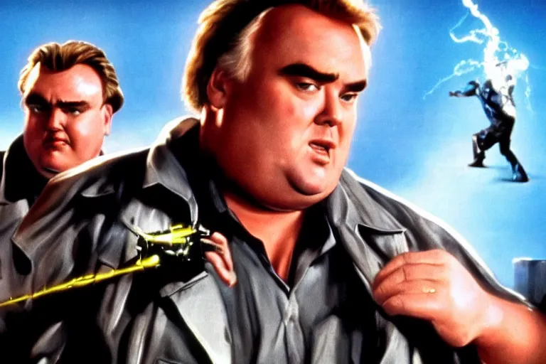 Prompt: VFX movie where John Candy plays the Terminator by James Cameron