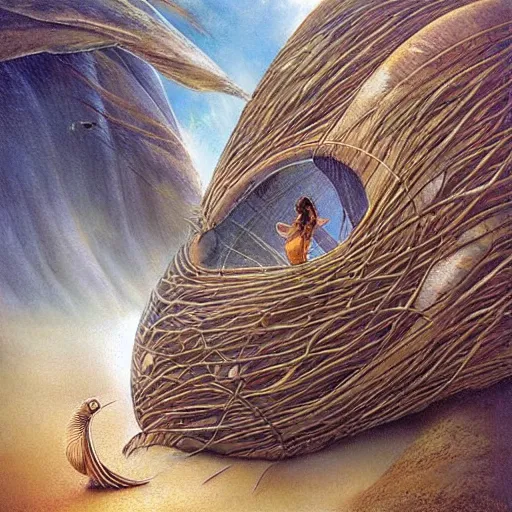 Image similar to beautiful portrait of bamboo living pods shaped like a sea shell embedded on the side of a cliff, the time machine, mechanical birds in flight, art by artgerm, artwork by peter gric and brian froud