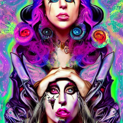 Prompt: an extremely psychedelic portrait of lady gaga as alice cooper, surreal, lsd, face, detailed, intricate, elegant, lithe, highly detailed, digital painting, artstation, concept art, smooth, sharp focus, illustration,