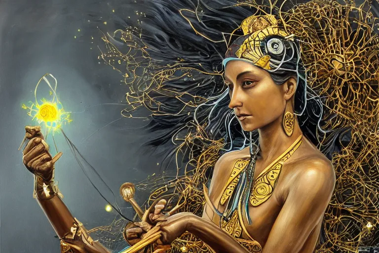 Prompt: Goddess of life itself with a scythe, dark Goddess of artificial intelligence creating an artificial neural network with gold synapses on an anvil with his scythe, high resolution, award winning art, trending on art station, sharp image, incredibly detailed, detailed character, realistic painting, hyper-realistic painting, coherent painting, master piece by tzacotl avocatl