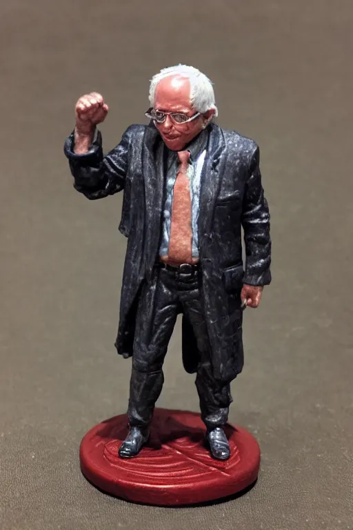 Image similar to a resin miniature of Bernie Sanders in Warhammer, miniature product photo, full body, on textured disc base, 4K, HD