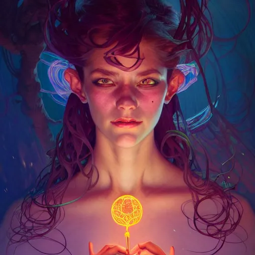 Image similar to Portrait of a polymorphic girl surrounded by glowing nodes, face, fantasy, intricate, elegant, highly detailed, digital painting, artstation, concept art, smooth, sharp focus, illustration, art by Jesper Ejsing and Fernanda Suarez and Artem Demura and alphonse mucha