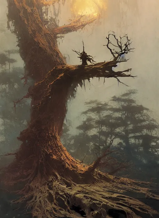 Image similar to giant dead tree, intricate, elegant, highly detailed, vivid colors, john park, frazetta, sparth, ruan jia, jeffrey catherine jones