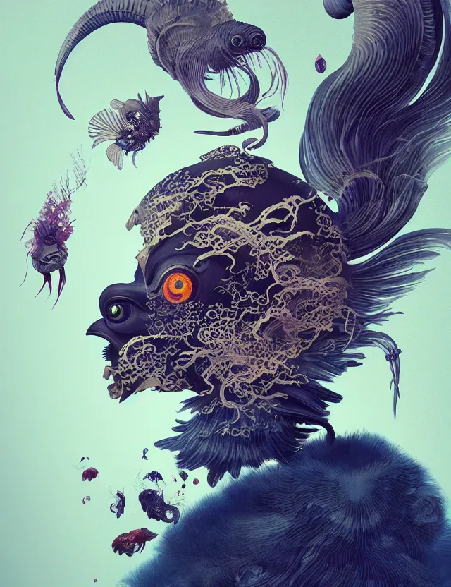 Prompt: 3 d liminal space frontal portrait with ram skull. beautiful intricately detailed japanese crow kitsune mask and clasical japanese kimono. betta fish, jellyfish phoenix, bio luminescent, plasma, ice, water, wind, creature, artwork by tooth wu and wlop and beeple and greg rutkowski