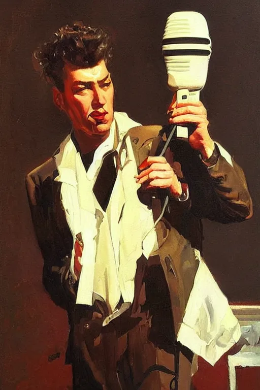 Prompt: kramer holding a microphone on stage, painting by jc leyendecker!! phil hale!, angular, brush strokes, painterly, vintage, crisp