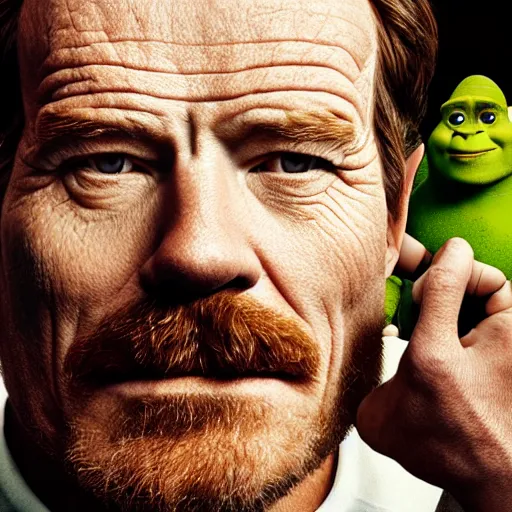 Image similar to closeup portrait of bryan cranston smoking meth with shrek