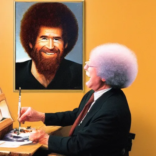 Prompt: oil painting of Bob Ross painting the devil and making him smile and blush