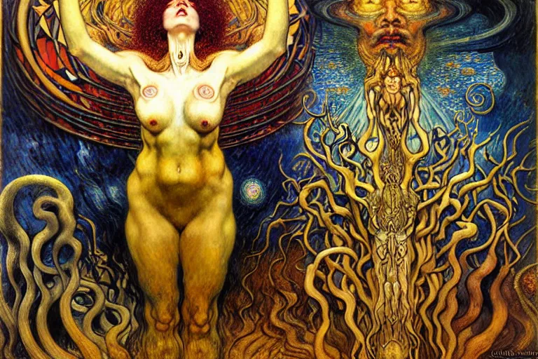 Image similar to Divine Chaos Engine by Karol Bak, Jean Delville, William Blake, Gustav Klimt, and Vincent Van Gogh, symbolist, visionary