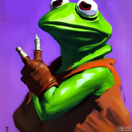 Prompt: greg manchess portrait painting of partially armored kermit the frog as overwatch character, medium shot, asymmetrical, profile picture, organic painting, sunny day, matte painting, bold shapes, hard edges, street art, trending on artstation, by huang guangjian and gil elvgren and sachin teng