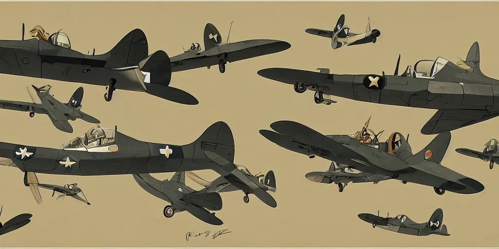 Image similar to world war two fighter planes, studio ghibli style, by tullio crali