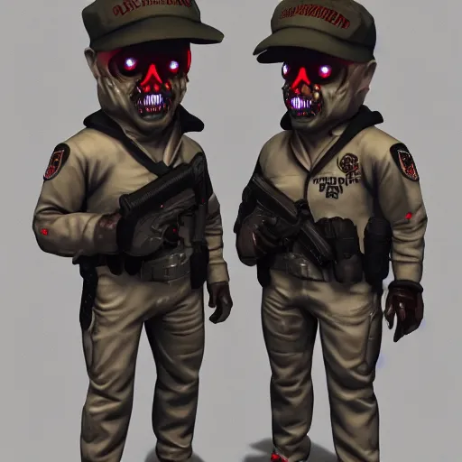 Prompt: ( ( beige ) ) uniform and caps zombie security officers ( glowing red skin ) trending on artstation very high detail