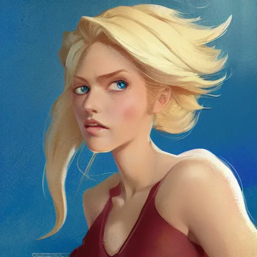 Prompt: portrait of beautiful girl with blond hair and blue eyes, League of Legend illustration by Greg Rutkowski:1, profile picture by Gil Elvgren:2, asymmetrical, Organic Painting, Ambient Occlusion:3, Matte Painting, geometric shapes, hard edges, street art, trending on the artstation, realistic:2 by Sachin Teng:5