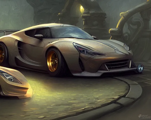 Image similar to sports car drifting around a corner, deep focus, d & d, fantasy, intricate, elegant, highly detailed, digital painting, artstation, concept art, matte, sharp focus, illustration, hearthstone, art by artgerm and greg rutkowski and alphonse mucha