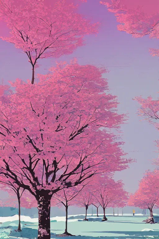 Image similar to concept art painting of a lush cherry blossom tree in winter, moebius, inio asano, toon shading, cel shading, calm, tranquil, vaporwave colors,