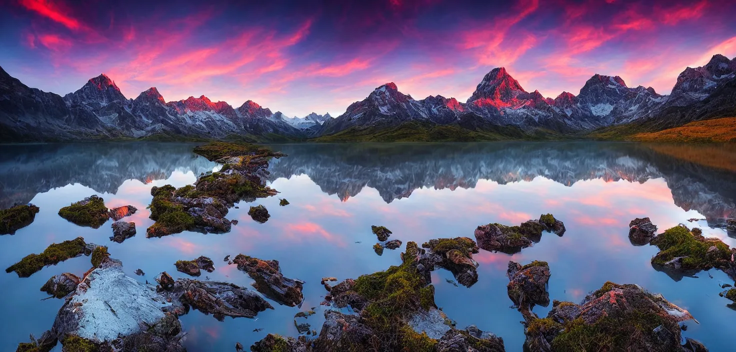 Image similar to amazing landscape photo of mountains with lake in sunset by marc adamus, beautiful dramatic lighting