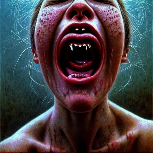 Image similar to ultra realist intricate detailed portrait of a single rugged attractive female screaming single mouth, full body, accurate features, apocalyptic, very intricate details, 8 k resolution, dim lighting, dramatic lighting, artstyle zdzisław beksinski, award winning