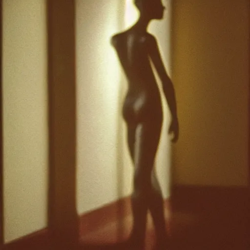 Image similar to a glowing figure in a hall, soft light, dreary