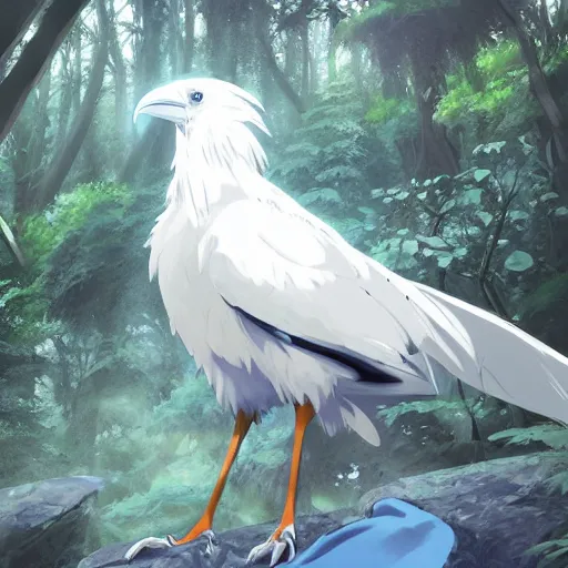 Prompt: concept art painting of an anthropomorphic anime style white raven wearing dark blue robes, in the deep forest, realistic, detailed, cel shaded, in the style of makoto shinkai and greg rutkowski and james gurney