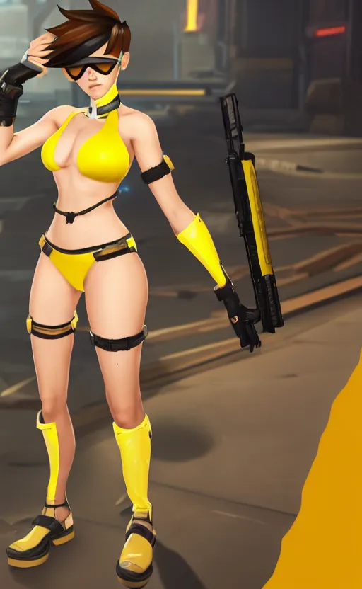 Image similar to tracer game character, in yellow bikini, blonde hair, black eyes, full height