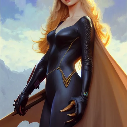 Image similar to Blonde Victoria Justice as Bat Girl, western, D&D, fantasy, intricate, elegant, highly detailed, digital painting, artstation, concept art, matte, sharp focus, illustration, art by Artgerm and Greg Rutkowski and Alphonse Mucha