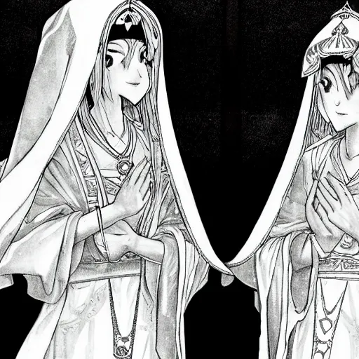 Prompt: a scene of two identical beautiful female priestesses standing face to face, in white veil, full of detail, subtle anime style