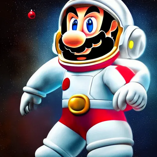 Prompt: A hyper real comic book style portait painting of Super Mario in an astronaut suit, unreal 5, hyperrealistic, octane render, cosplay, RPG portrait, dynamic lighting