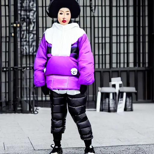 Prompt: a black and white sketch with slight purple tones of the traditional clothing of a japanese miko in the harajuku style. puffy anorak with leggings and yeezy 5 0 0 sneakers