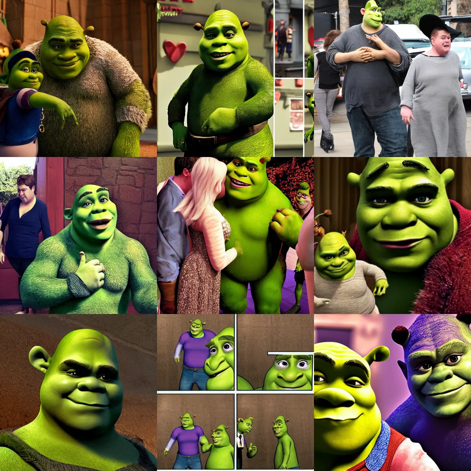 Prompt: paparazzi photo of shrek, compromising, awkward, embarrassing