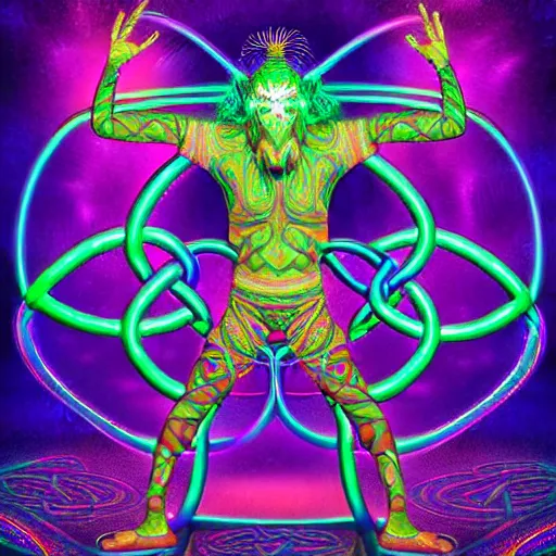 Image similar to a detailed digital art of a celtic knot oni abe vigoda extraterrestrial wearing a raver outfit by lisa frank and cicely mary barker, taiyo matsumoto, myst, beeple, cgsociety, crisp, low angle shot