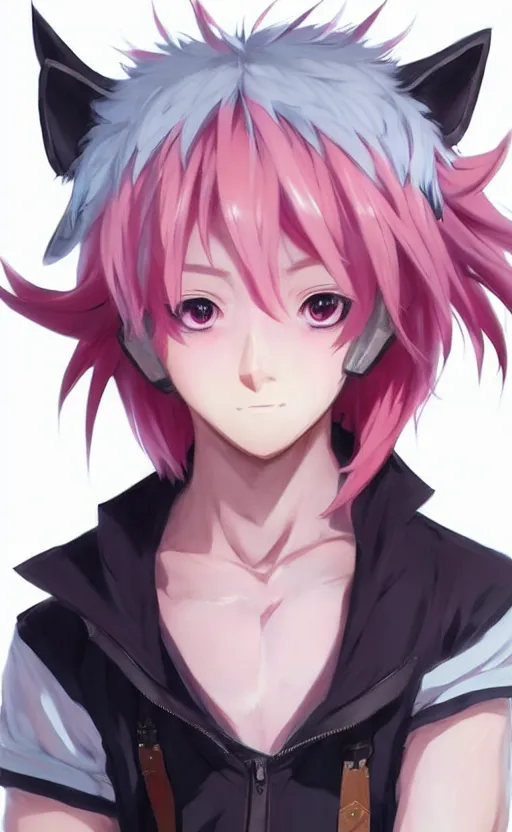 Image similar to character concept art of an cute anime boy with pink hair and wolf ears | | cute - fine - face, pretty face, key visual, realistic shaded perfect face, fine details by stanley artgerm lau, wlop, rossdraws, james jean, andrei riabovitchev, marc simonetti, and sakimichan, tranding on artstation