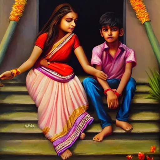 Prompt: beautiful young indian sister and brother, both sitting together holding hands on the steps of their house front entrance. happy raksha bandhan theme. high detailed oil painting by charlie bowater