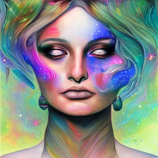 Image similar to a portrait of kim petras with her eyes closed, galaxy colored psychedelic chakra awakening kundalini ethereal vibes, transcending to a higher plane of existence, eternal blessing, multiverse, by android jones, by ben ridgeway, visionary art, by artgerm, featured on artstation, cgsociety, by greg rutkowski